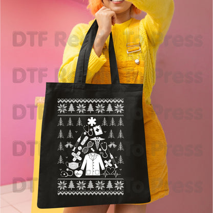 Medical Christmas Ugly Sweater DTF Transfers, Nurse Doctor Lab Coat Stethoscope Holiday Ready to Press
