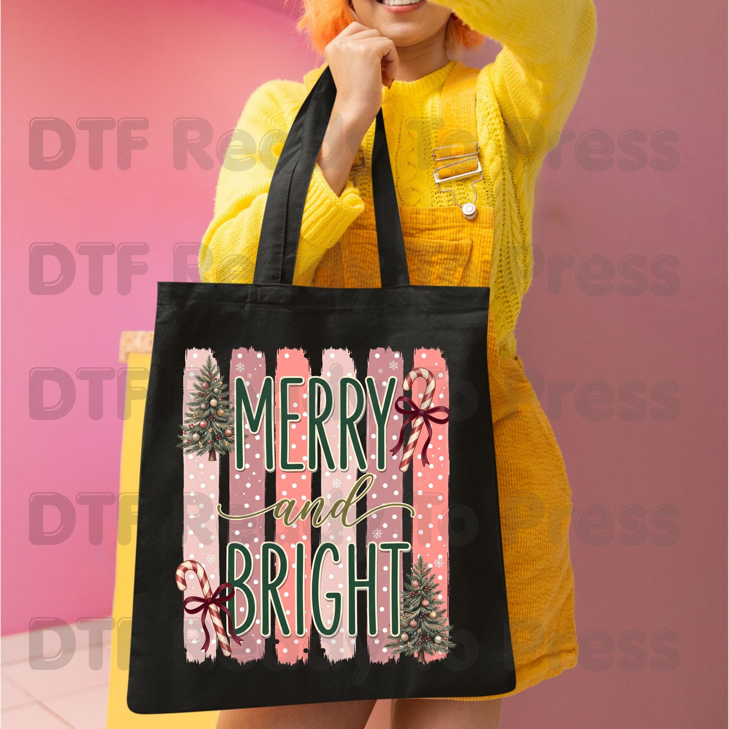 Christmas Merry and Bright DTF Transfer Ready to Press Pink Christmas Tree Candy Cane Heat Transfer for Shirts Retro Holiday Xmas DTF Print Cute Xmas