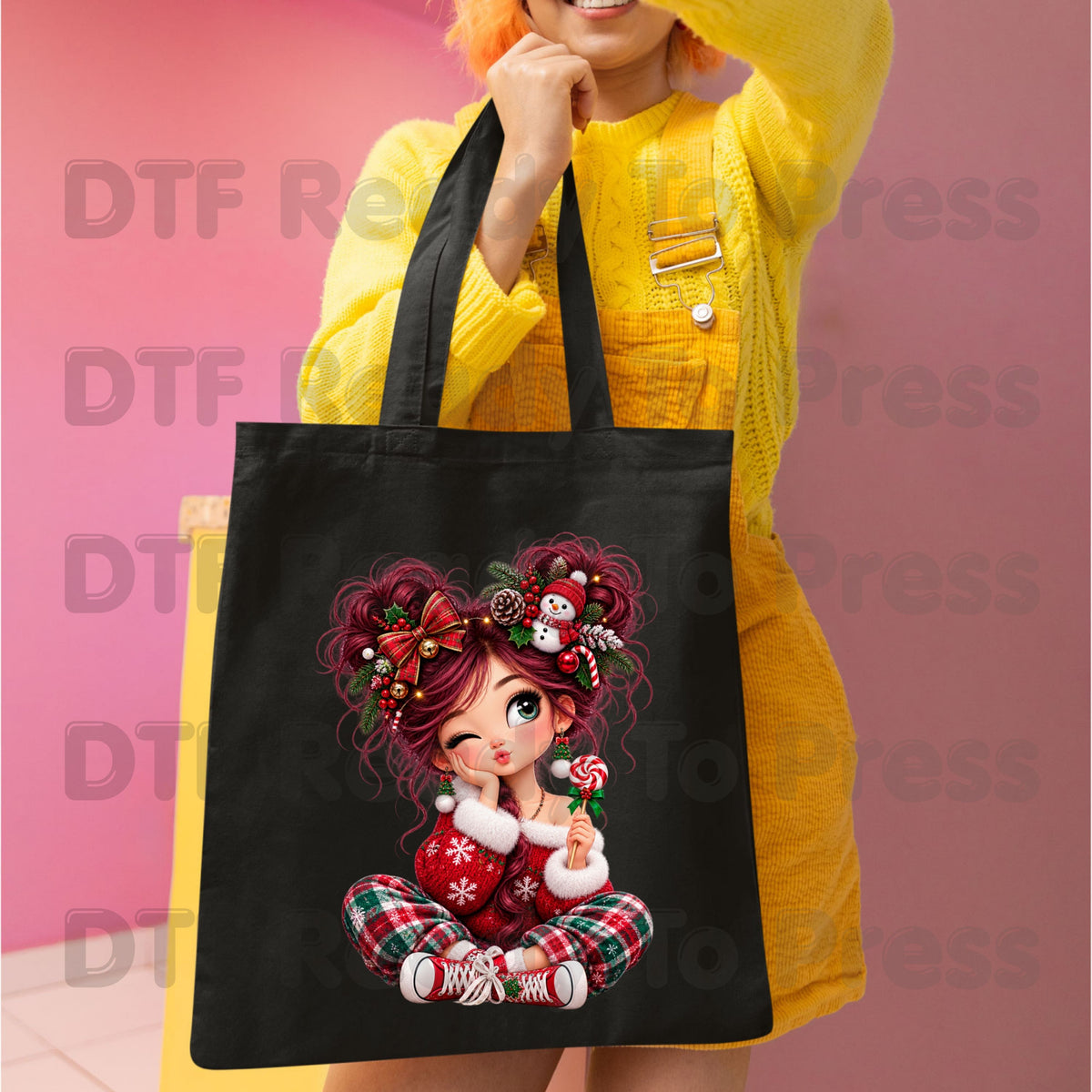 Christmas Girl DTF Transfers, Messy Bun Lollipop Cute Holiday Ready to Press