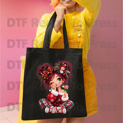 Christmas Girl DTF Transfers, Messy Bun Lollipop Cute Holiday Ready to Press