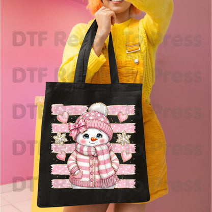 Cute Pink Snowgirl DTF Transfers, Winter Snowman Beanie Bow Pink Stripes Hearts Ready to Press
