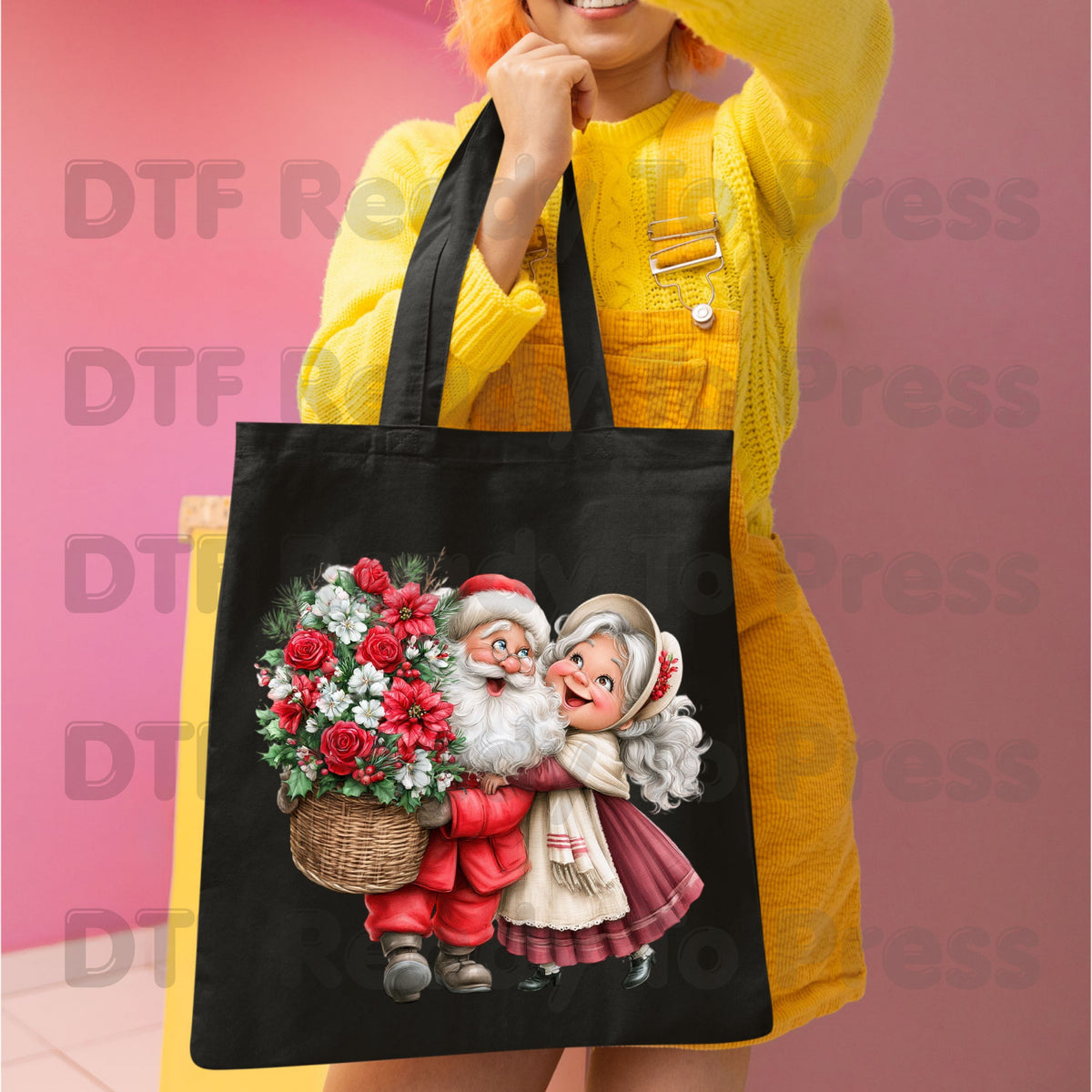 Santa Mrs Claus DTF Transfers, Vintage Christmas Couple Flowers Holiday Ready to Press