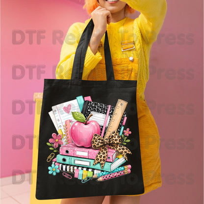 Pink Apple School Supplies DTF Transfers, Books Leopard Bow Back to School Teacher Student Ready to Press