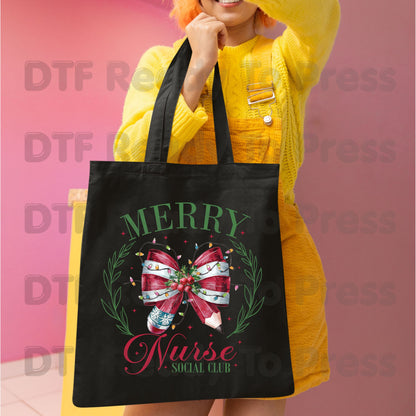 Merry Nurse Social Club DTF Transfers, Christmas Medical Coquette Bow Holiday Lights Nurse Ready to Press
