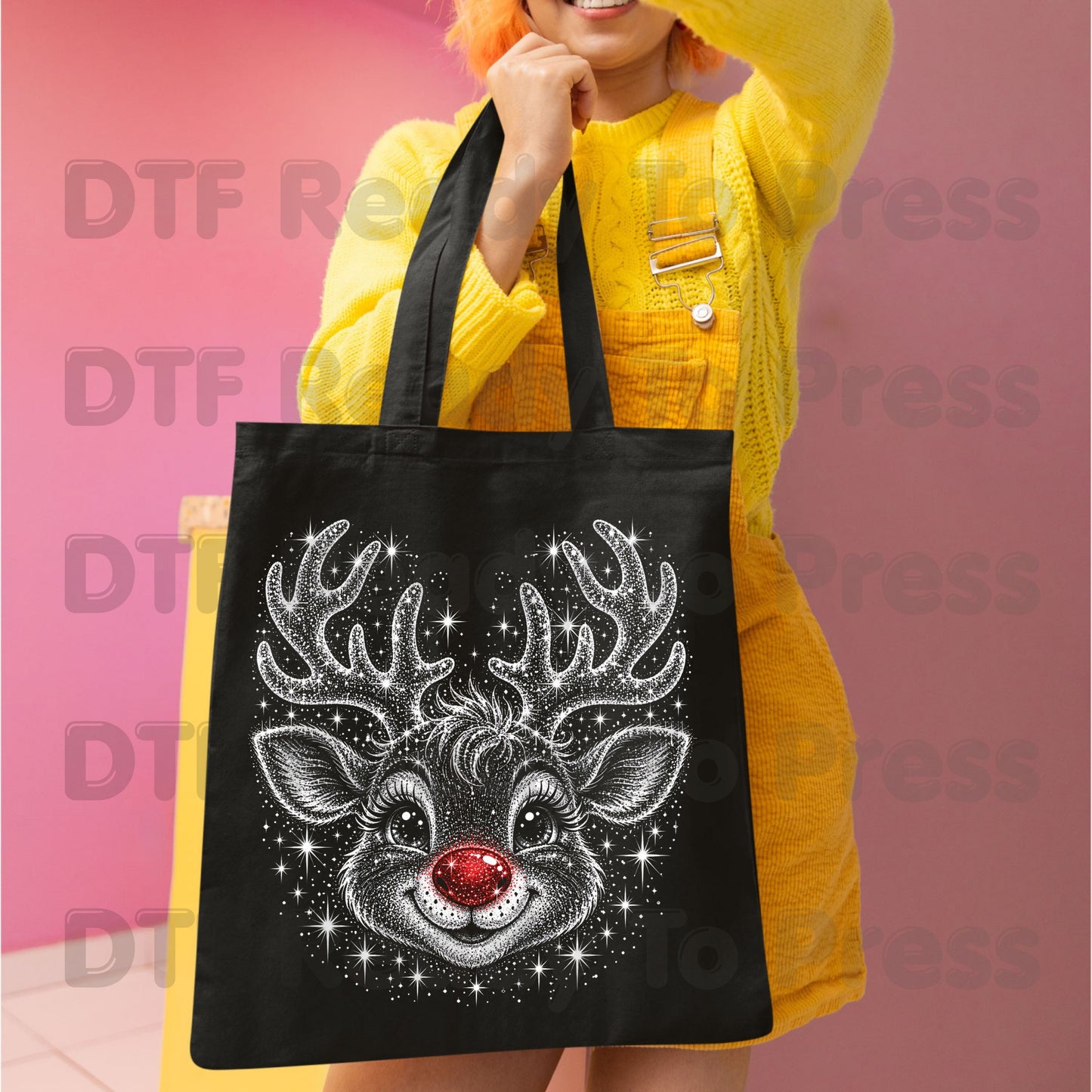 Christmas Reindeer DTF Transfers, Red Nose Rudolph Festive Winter Sparkle Cute Holiday Ready to Press