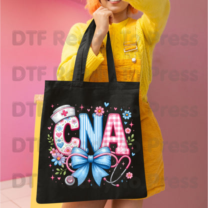 CNA Floral Bow DTF Transfers, Coquette Nurse Stethoscope Pink Blue Medical Graphic Ready to Press