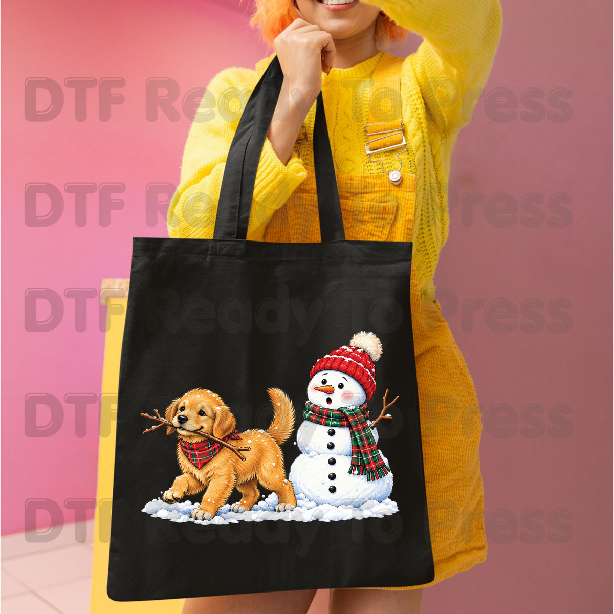 Christmas DTF Transfer, Golden Retriever Puppy with Snowman and Plaid Scarf