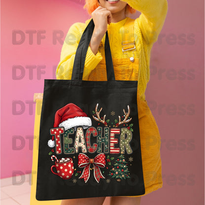 Christmas Teacher Santa Hat DTF Transfers, Holiday School Cocoa Tree Bow Graphic Ready to Press