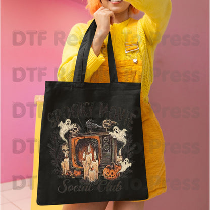 Spooky Movie Social Club DTF Transfers, Vintage Horror TV Ghosts Pumpkin Candles Halloween Ready to Press