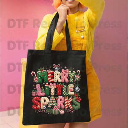 Merry Little Sparks DTF Transfers, Christmas Cable Knit Bow Disco Holiday Ready to Press