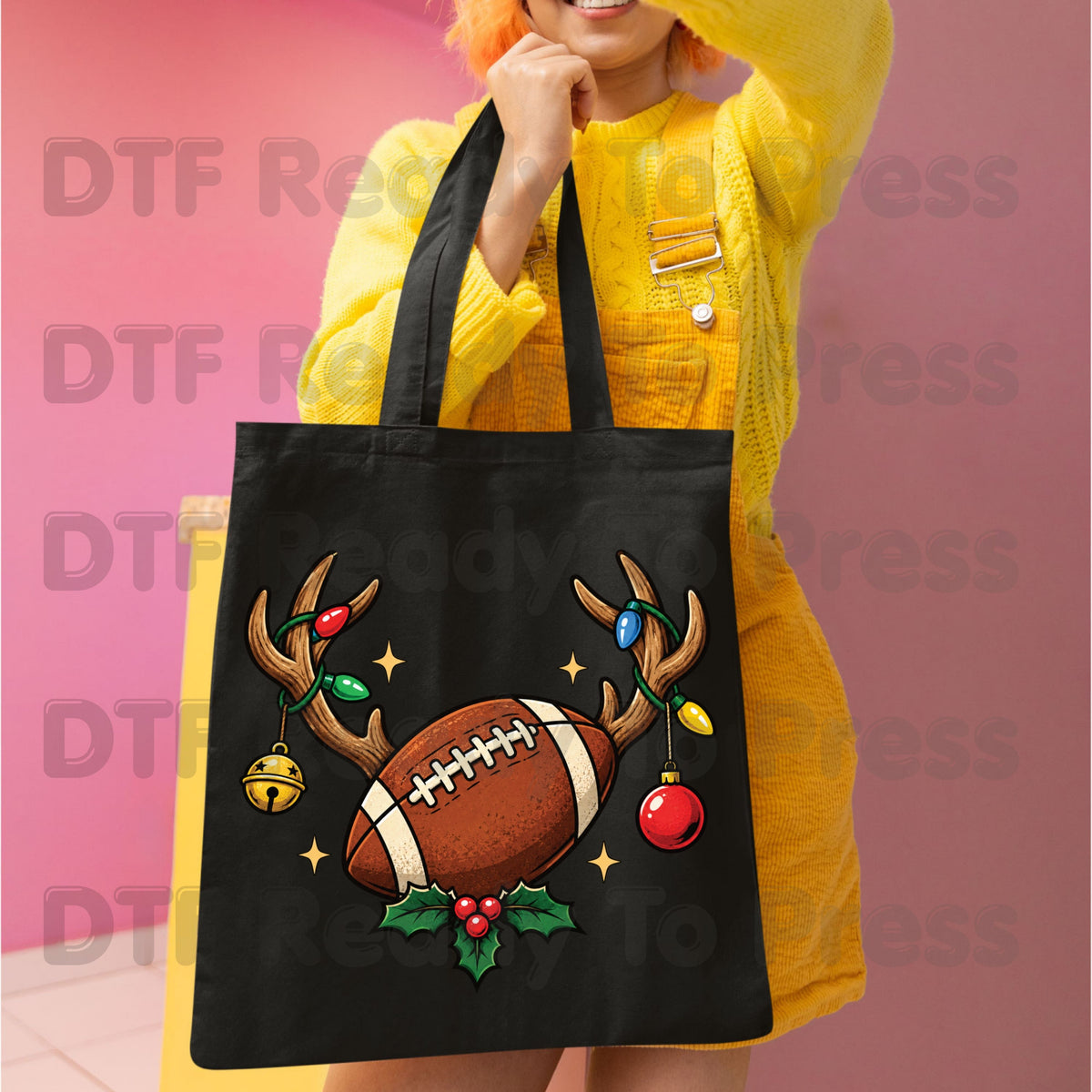 Christmas DTF Transfer, Reindeer Antlers with Football Lights and Holly Graphic