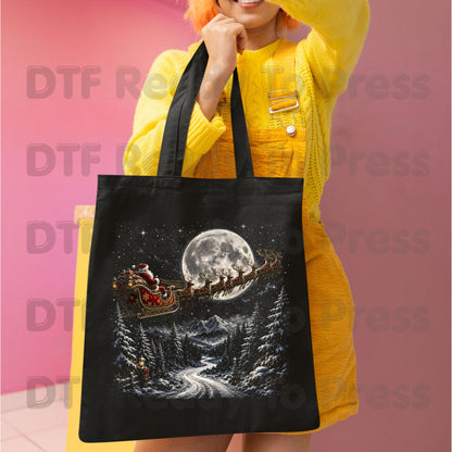 Christmas Santa DTF Transfers, Sleigh Flying Over Full Moon Vintage Winter Forest Ready to Press