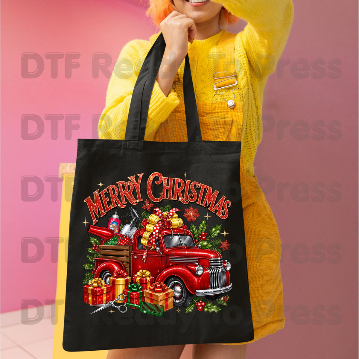 Merry Christmas Red Truck DTF Transfers, Holiday Hair Stylist Salon Presents Graphic Ready to Press