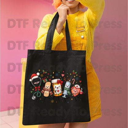 Christmas Nurse Squad DTF Transfers, Holiday Medical Syringe Pill Bottle Stethoscope Ready to Press