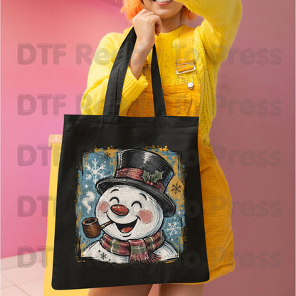Vintage Snowman DTF Transfers, Top Hat Pipe Snowflakes Scarf Christmas Ready to Press