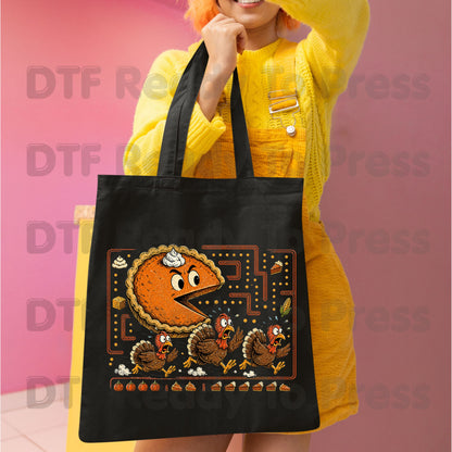 Funny Thanksgiving Pacman DTF Transfers, Pumpkin Pie Chasing Turkeys Maze Video Game Ready to Press