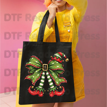 Christmas Elf DTF Transfer, Green Bow, Striped Legs and Hat