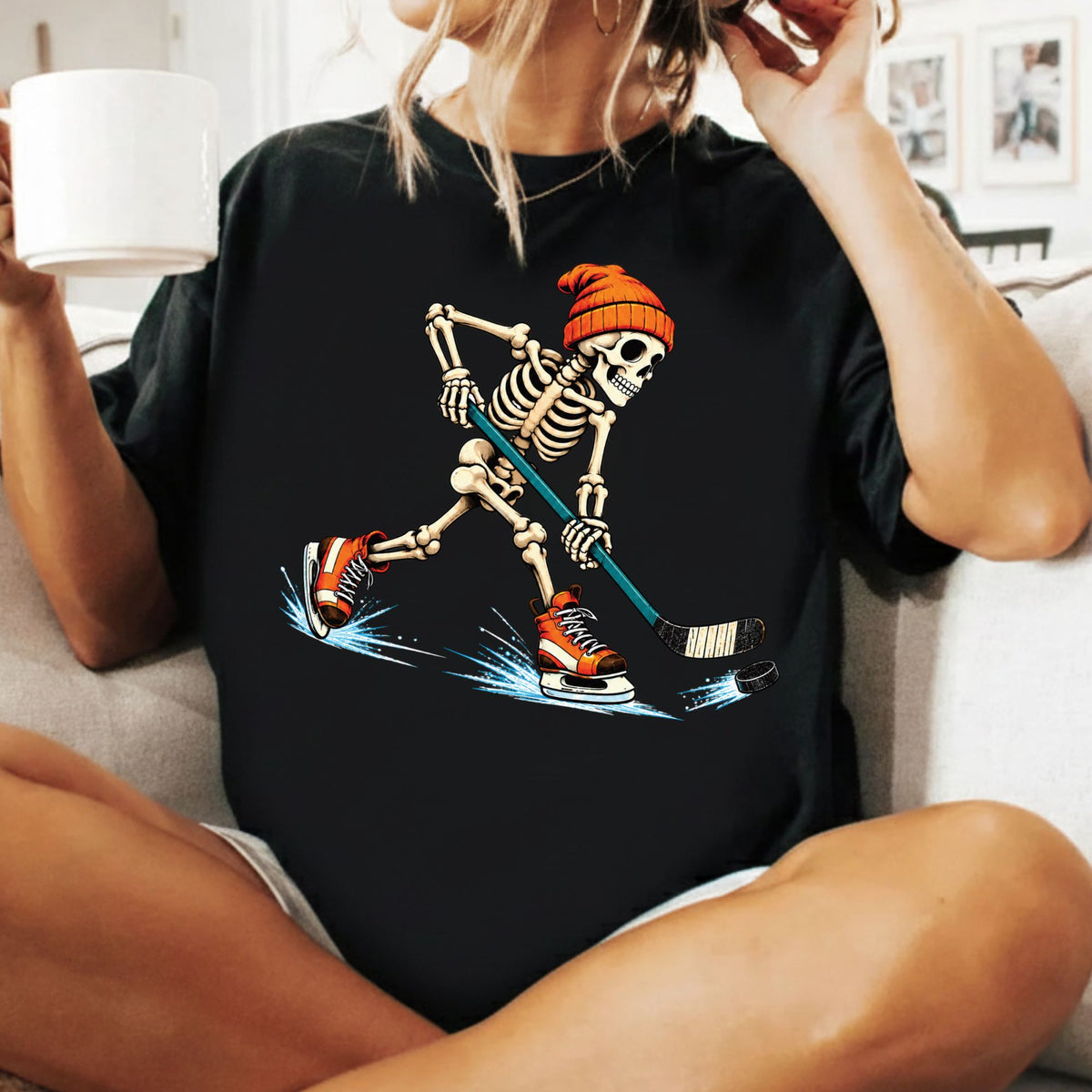 Hockey Skeleton T-Shirt, Skating Skeleton Beanie Graphic Tee, Ice Hockey Sweatshirt