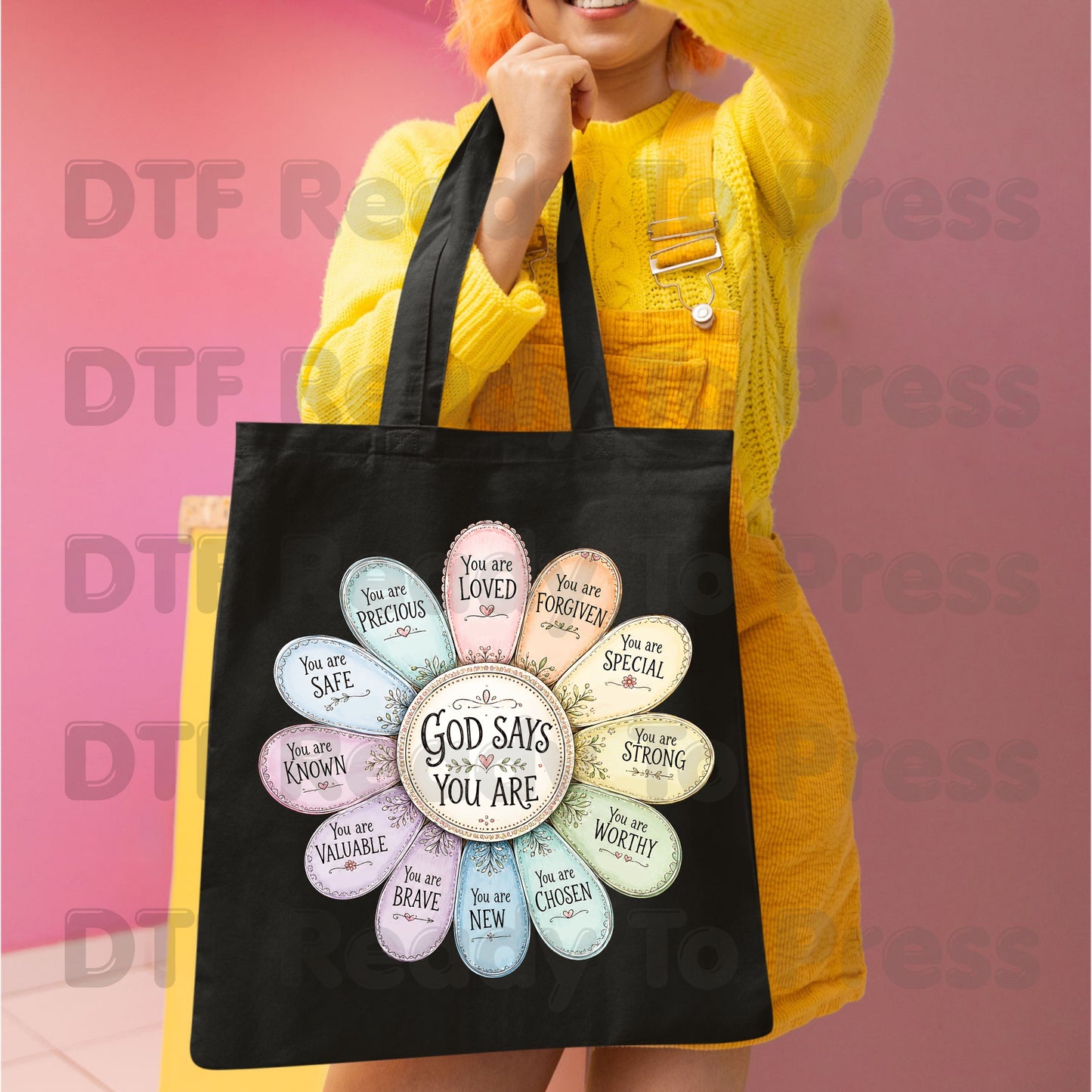 God Says You Are Flower DTF Transfers, Christian Faith Affirmation Petals Religious Quote Ready to Press