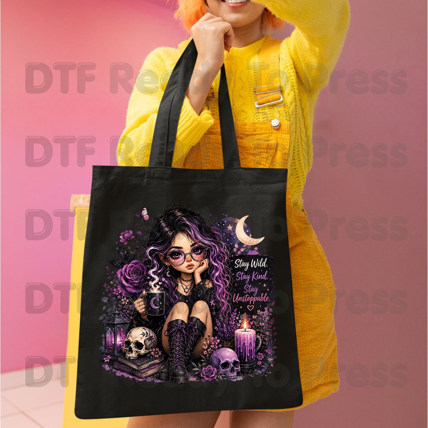 Stay Wild Stay Kind DTF Transfers, Purple Goth Girl Skull Crescent Moon Witchy Ready to Press