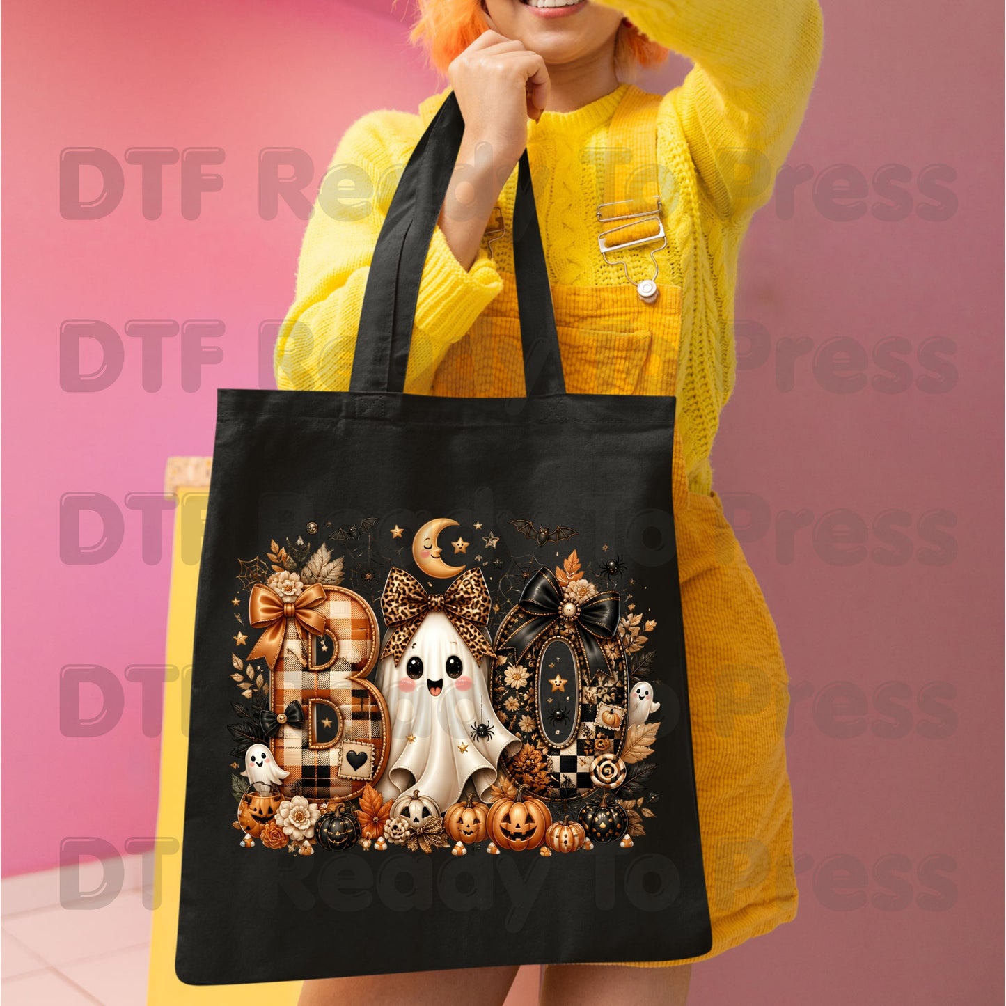 Halloween Boo Ghost DTF Transfers, Cute Bows Orange Plaid Leopard Spooky Season Ready to Press