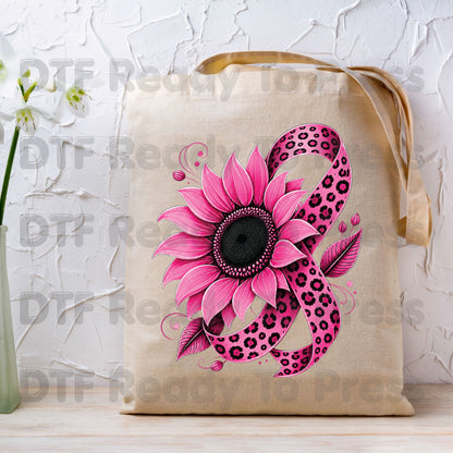 Pink Sunflower Leopard Ribbon Breast Cancer Awareness DTF Transfer Ready to Press Heat Transfer Survivor Tee