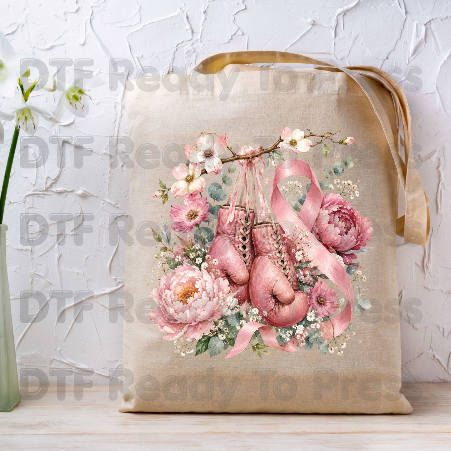 Pink Boxing Gloves Breast Cancer Awareness DTF Transfer Ready to Press Heat Transfer Floral Ribbon Tee