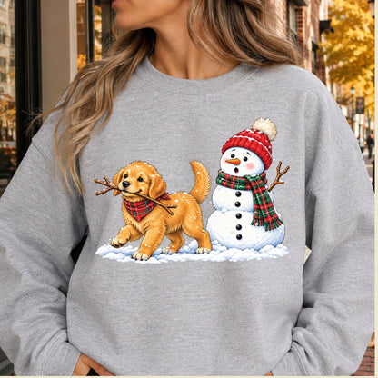 Golden Retriever Christmas T-Shirt, Puppy and Snowman Plaid Scarf Tee, Cute Winter Sweatshirt