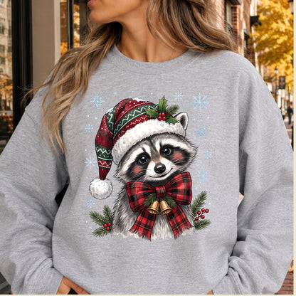 Christmas Raccoon T-Shirt, Santa Hat Buffalo Plaid Bow and Bells Tee, Festive Holiday Sweatshirt
