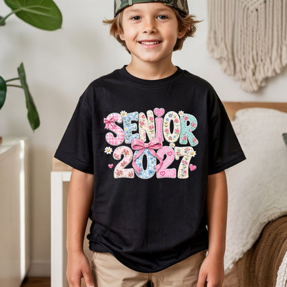 Senior 2027 DTF Transfer Ready to Press Graduation Heat Transfer for Shirts Floral Patchwork Quilted Pink Bow Coquette Graphic Tee