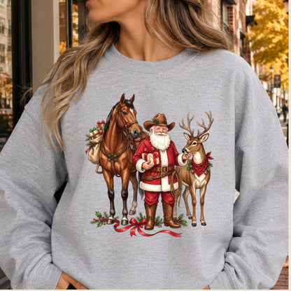 Cowboy Santa Christmas T-Shirt, Western Santa with Horse and Reindeer Graphic Tee, Country Holiday Shirt