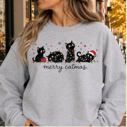 Merry Catmas T-Shirt, Cute Kitten Christmas Lights Tee, Festive Cat Sweatshirt
