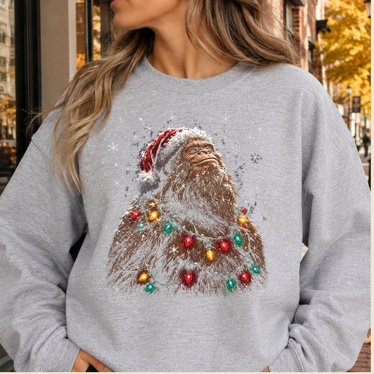 Santa Bigfoot T-Shirt, Christmas Sasquatch Lights Tee, Funny Holiday Sweatshirt