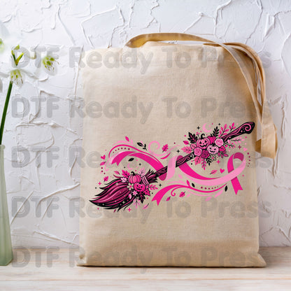 Pink Witch Broom Pumpkin Ribbon Breast Cancer Awareness DTF Transfer Ready to Press Heat Transfer Tee