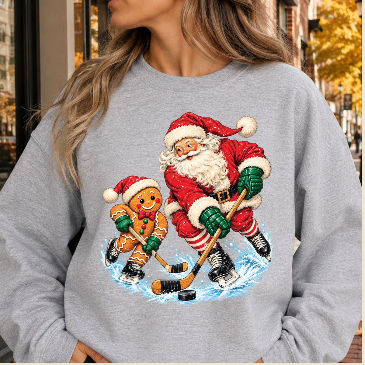 Christmas Hockey T-Shirt, Santa and Gingerbread Man Playing Hockey, Funny Holiday Sports Tee