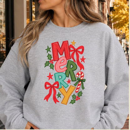 Merry Christmas T-Shirt, Colorful Lettering Red Bow Tee, Candy Cane Holiday Sweatshirt