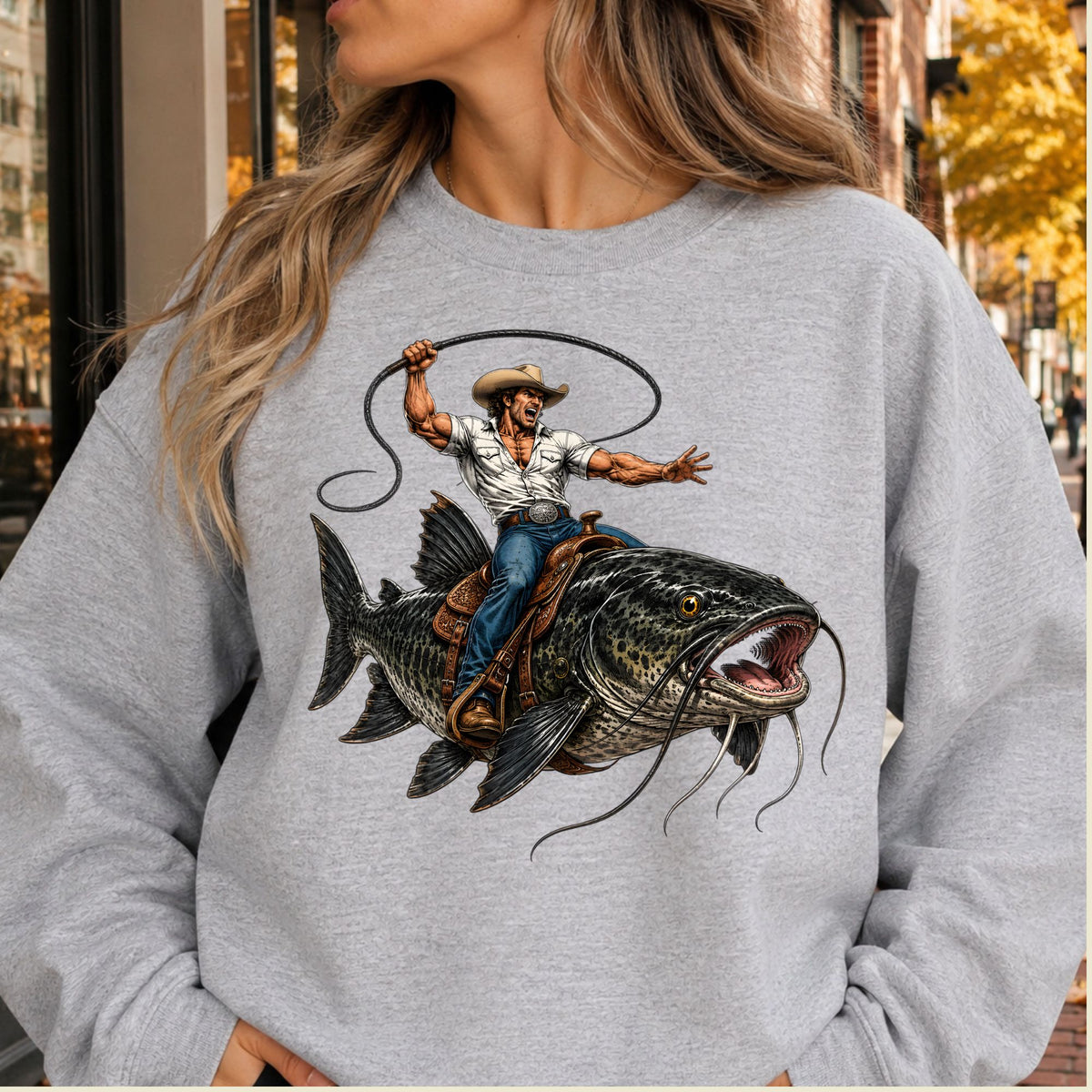 Cowboy Riding Catfish T-Shirt, Funny Fishing Rodeo Southern Graphic Tee for Toddler and Kids