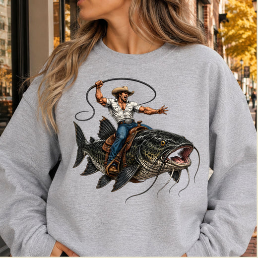 Cowboy Riding Catfish T-Shirt, Funny Fishing Rodeo Southern Graphic Tee for Toddler and Kids