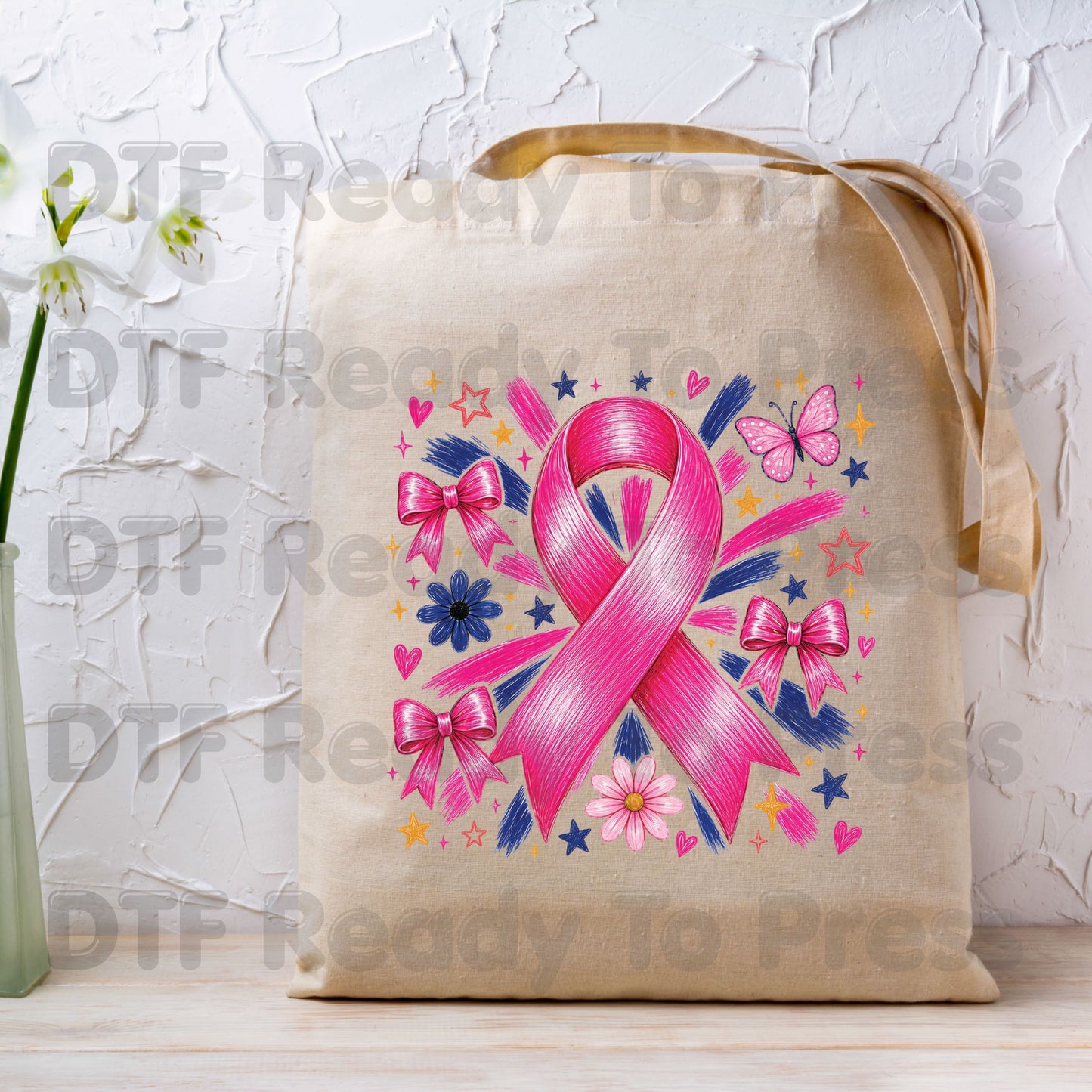 Breast Cancer DTF Transfer Ready to Press Pink Ribbon Bows Butterfly Flowers Awareness Heat Transfer Tee Print Direct to Film