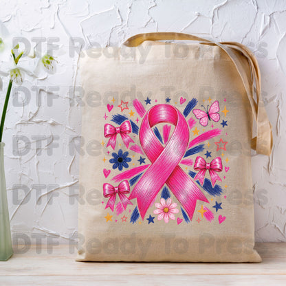 Breast Cancer DTF Transfer Ready to Press Pink Ribbon Bows Butterfly Flowers Awareness Heat Transfer Tee Print Direct to Film