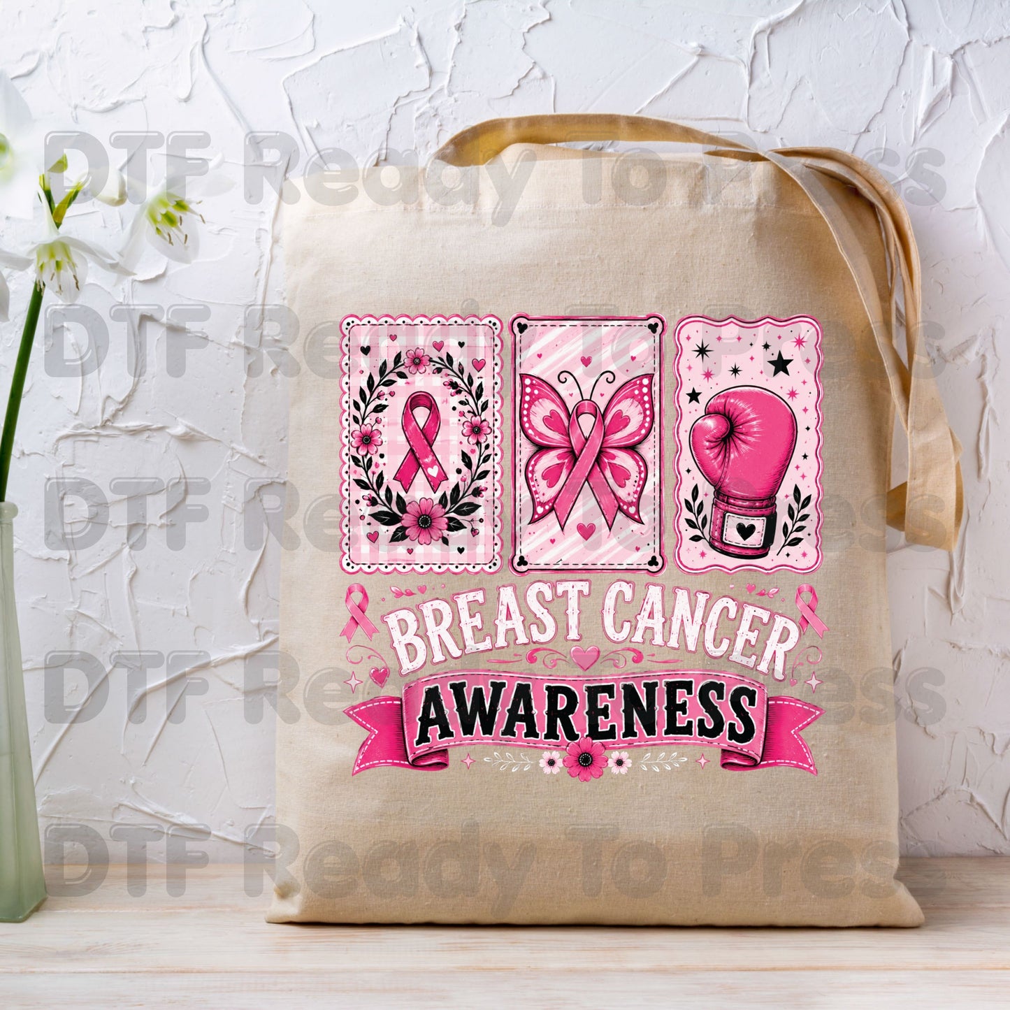 Breast Cancer DTF Transfer Ready to Press Pink Cards Ribbon Butterfly Boxing Glove Heat Transfer Tee Print Direct to Film