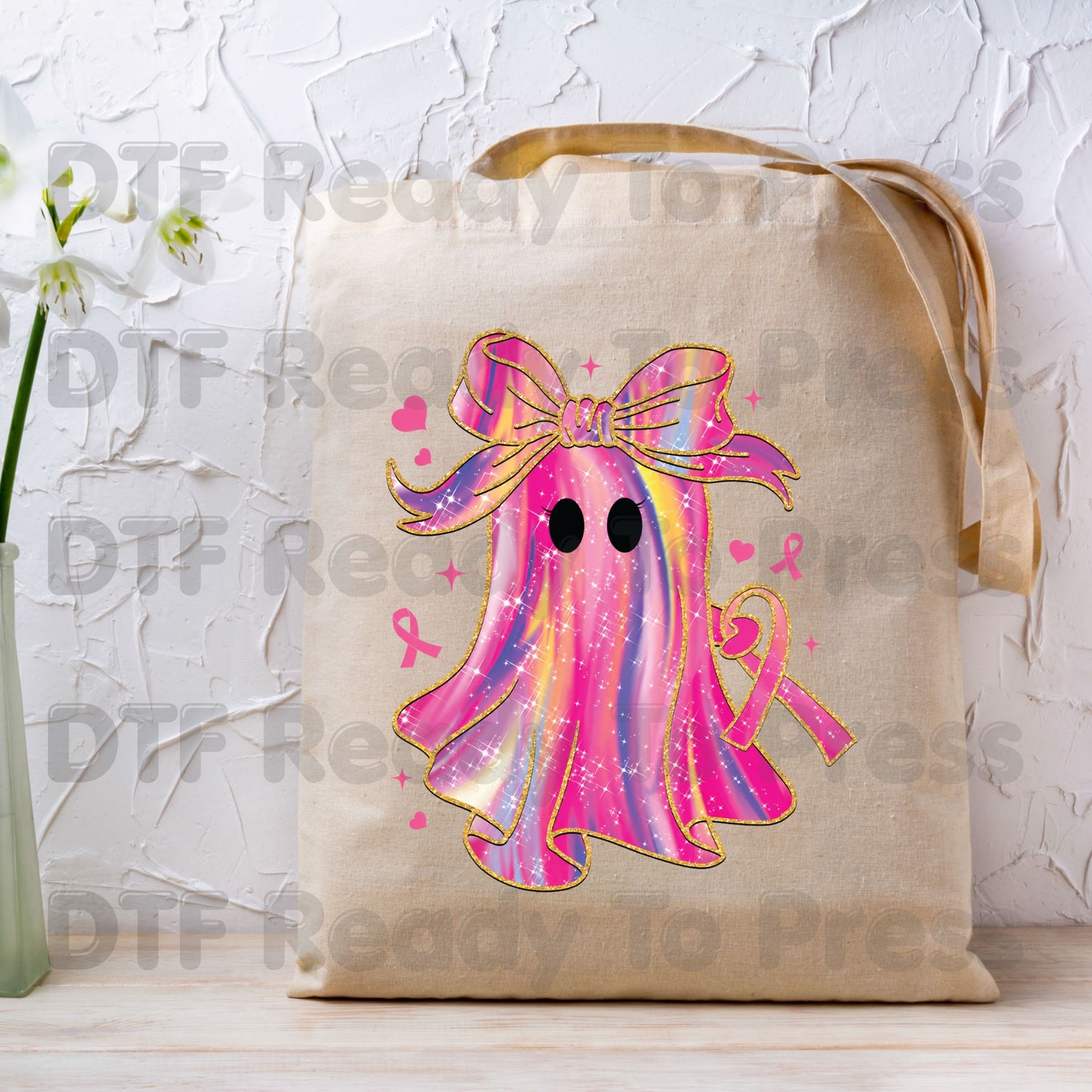 Glitter Pink Ghost Breast Cancer Awareness DTF Transfer Ready to Press Heat Transfer Bow Tee