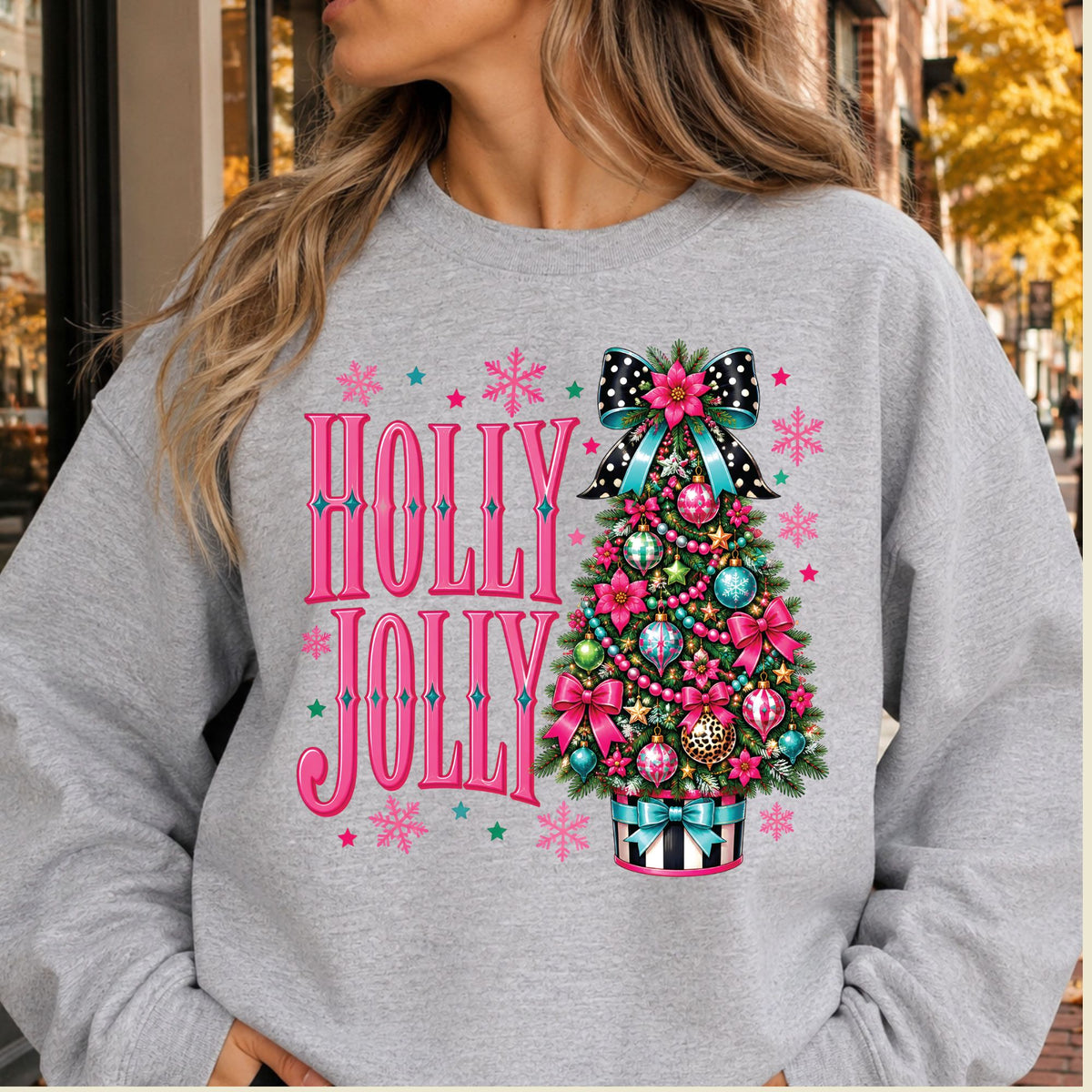Pink Christmas Tree T-Shirt, Holly Jolly Bow and Snowflake Graphic Tee, Cute Holiday Shirt
