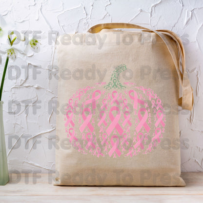 Pink Ribbon Pumpkin Breast Cancer Awareness DTF Transfer Ready to Press Fall Heat Transfer Tee