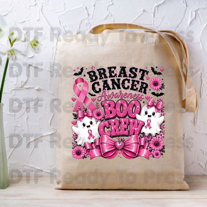 Breast Cancer Awareness Boo Crew DTF Transfer Ready to Press Heat Transfer Spooky Pink Ghost Bow Tee