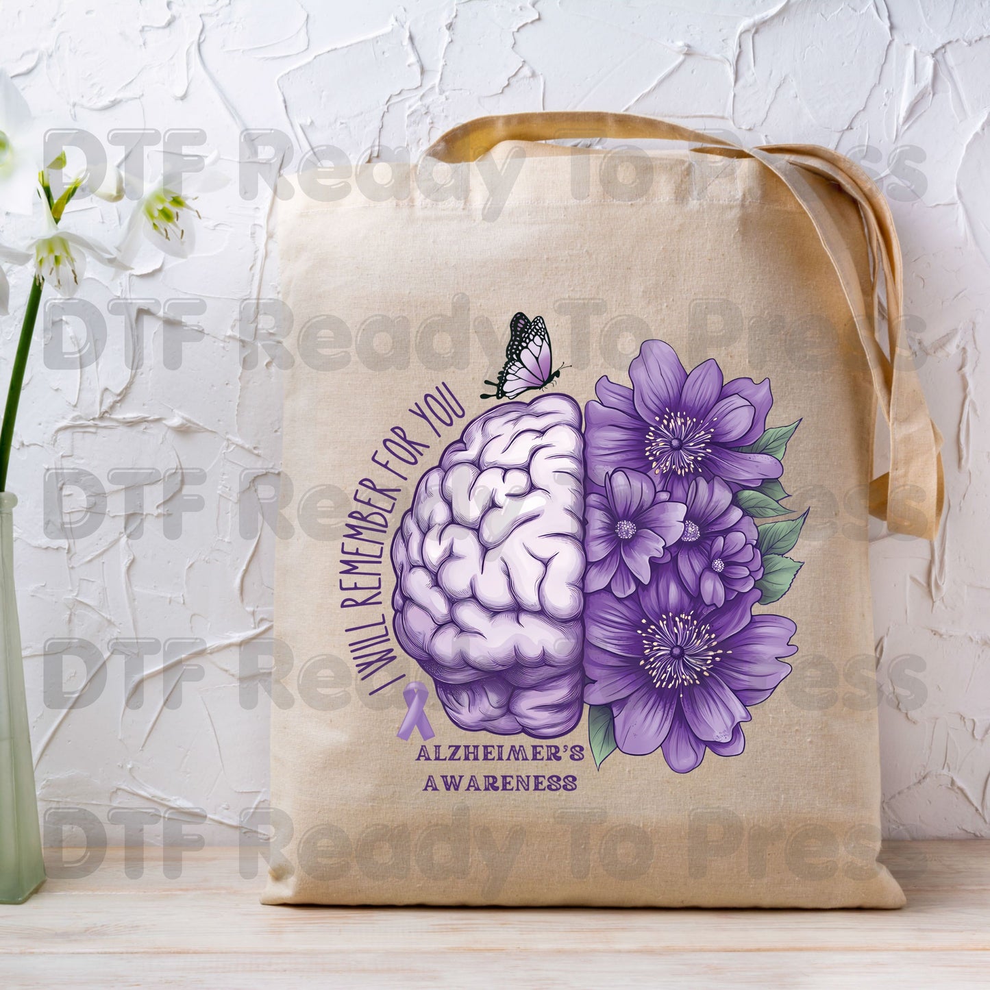 Alzheimers Awareness DTF Transfer Ready to Press I Will Remember For You Brain Purple Flowers Heat Transfer Tee Direct to Film
