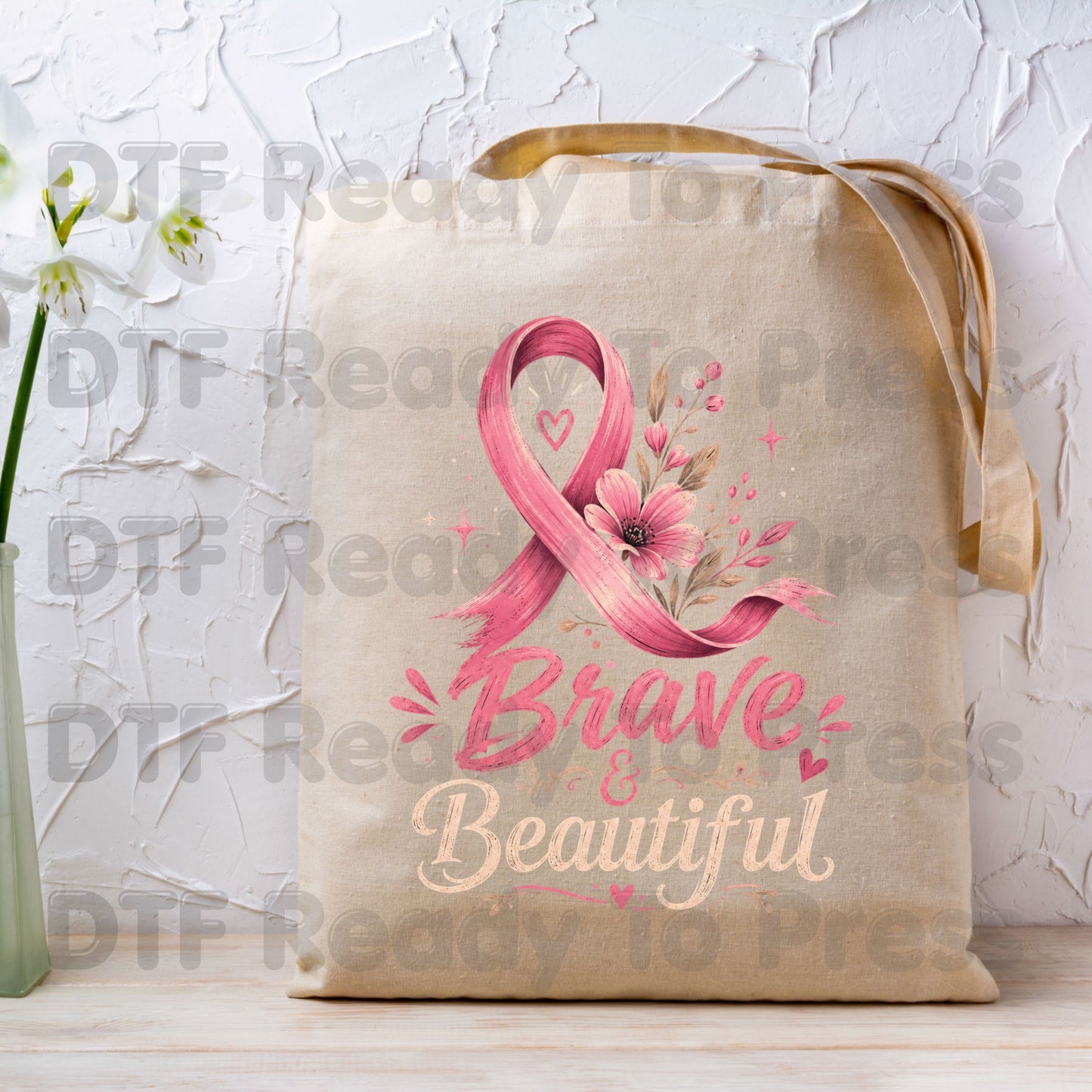 Brave and Beautiful Breast Cancer Awareness DTF Transfer Ready to Press Heat Transfer Pink Floral Ribbon Tee