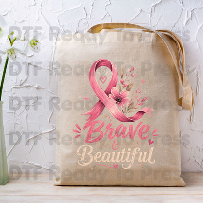 Brave and Beautiful Breast Cancer Awareness DTF Transfer Ready to Press Heat Transfer Pink Floral Ribbon Tee