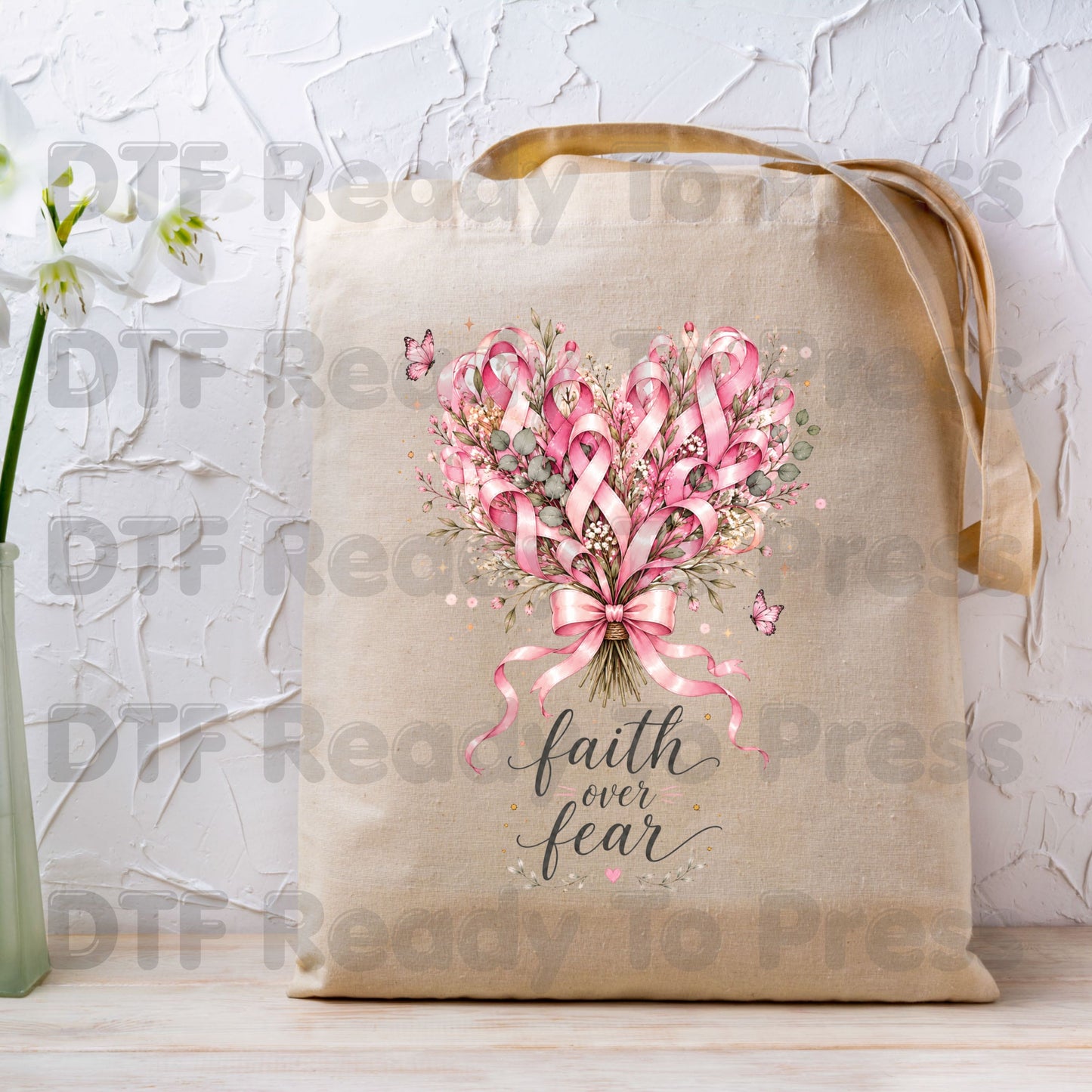Faith Over Fear Breast Cancer Awareness DTF Transfer Ready to Press Heat Transfer Pink Ribbon Bouquet Tee