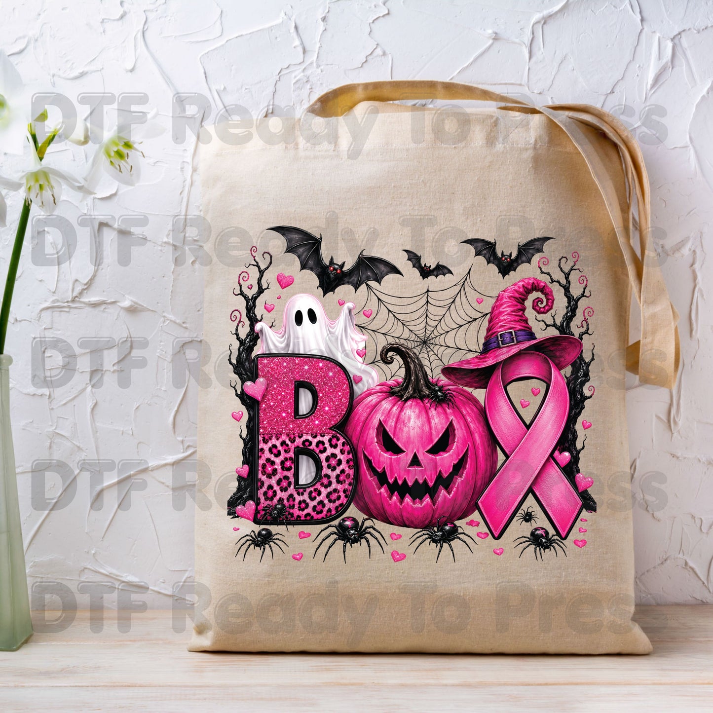 Boo Breast Cancer Awareness Pink Pumpkin Witch Hat DTF Transfer Ready to Press Spooky Heat Transfer Tee